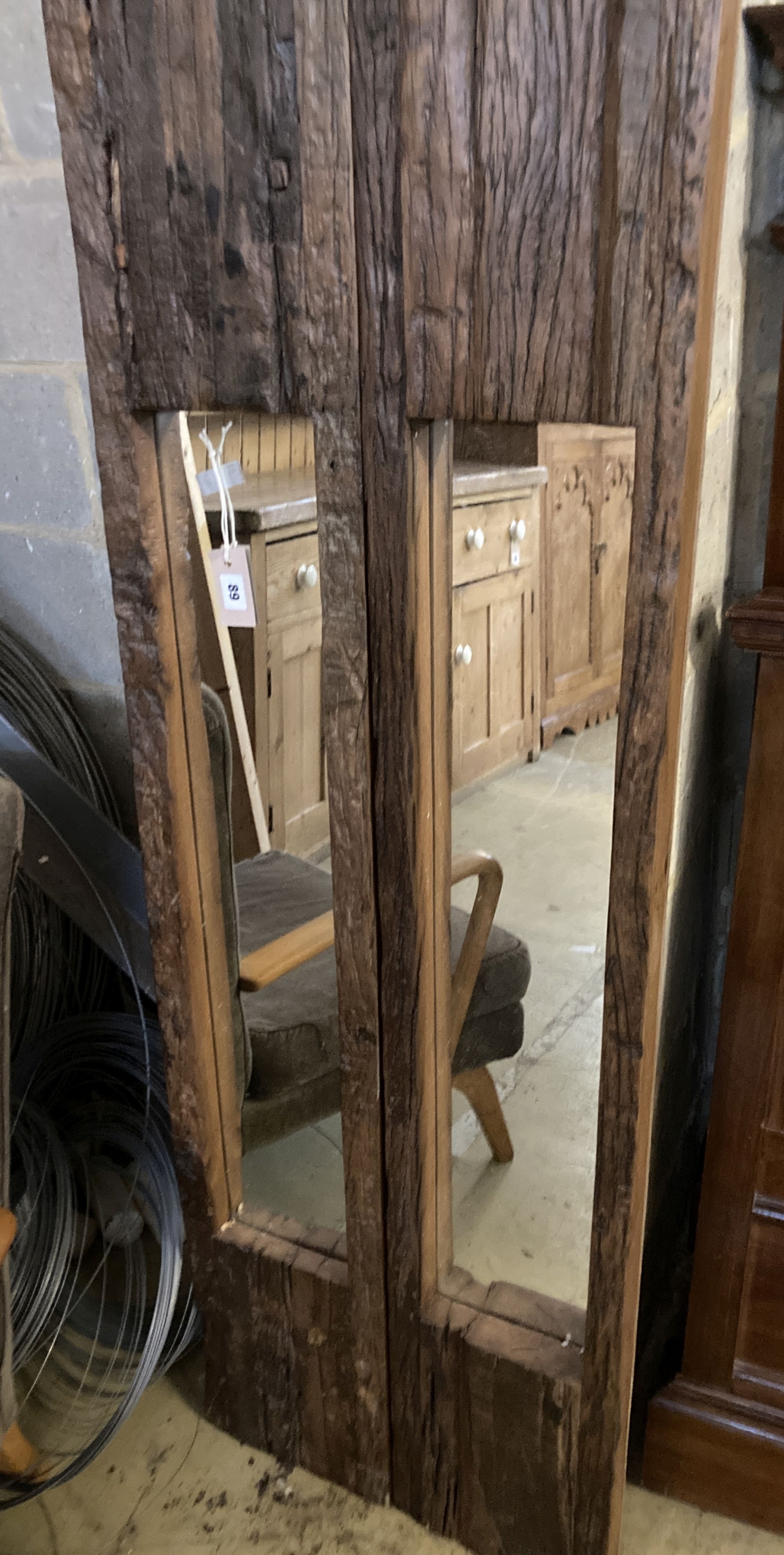 A pair of rectangular reclaimed driftwood wall mirrors, width 150cm, height 25cm